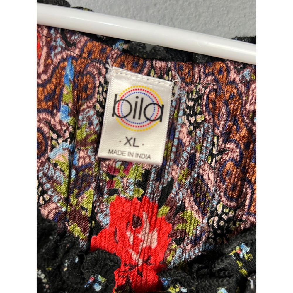 Bila Womens XL Boho Retro Floral Paisley Crinkle Rayon Ruffle Tunic Top Festival - Picture 3 of 9